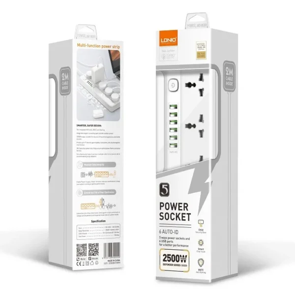 LDNIO SC5614 Fast Charging Power Strip – 5 Universal Outlets, 6 USB Ports, 2M Power Cord Extension Socket