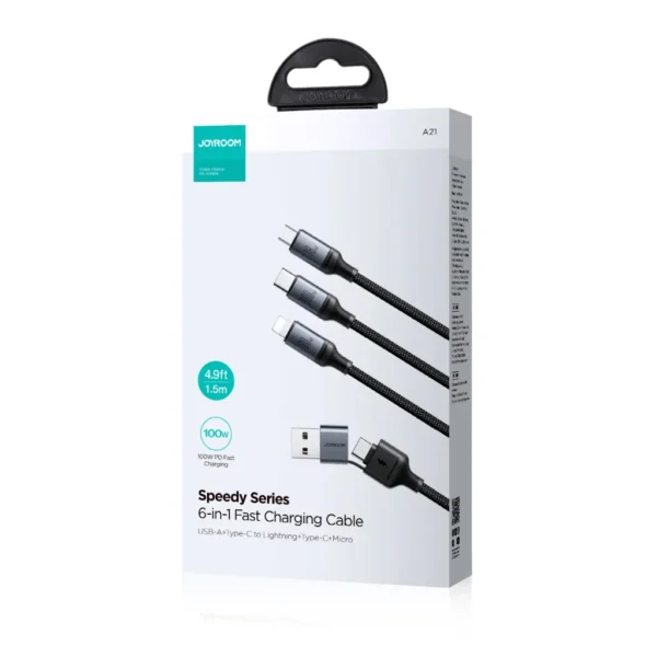 JOYROOM SA21-2T3 Speedy Series 100W 6-in-1 Fast Charging Cable (USB-A+Type-C to L+C+M) 1.5m-Black